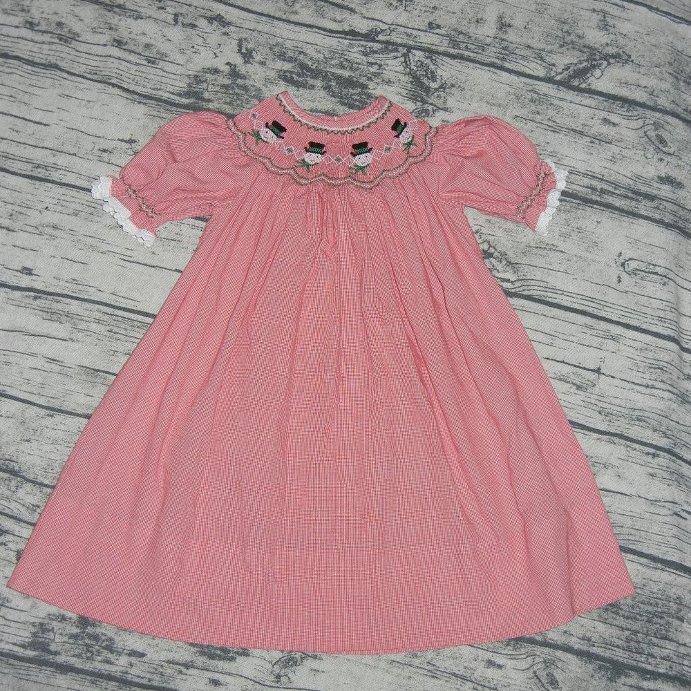Custom made Red/White Bishop HandSmocked Snowman Dress size 2-3